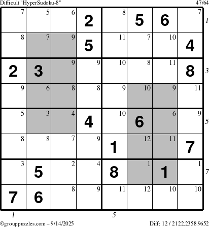 The grouppuzzles.com Difficult HyperSudoku-8 puzzle for Sunday September 14, 2025, suitable for printing, with all 12 steps marked