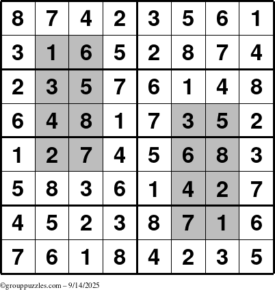The grouppuzzles.com Answer grid for the HyperSudoku-8 puzzle for Sunday September 14, 2025