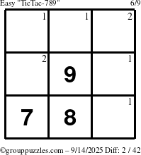 The grouppuzzles.com Easy TicTac-789 puzzle for Sunday September 14, 2025 with the first 2 steps marked