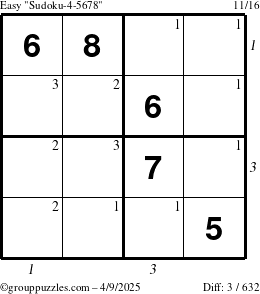 The grouppuzzles.com Easy Sudoku-4-5678 puzzle for Wednesday April 9, 2025 with all 3 steps marked