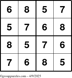 The grouppuzzles.com Answer grid for the Sudoku-4-5678 puzzle for Wednesday April 9, 2025