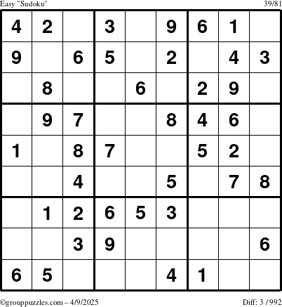 The grouppuzzles.com Easy Sudoku puzzle for Wednesday April 9, 2025