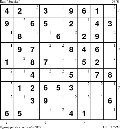 The grouppuzzles.com Easy Sudoku puzzle for Wednesday April 9, 2025 with all 3 steps marked
