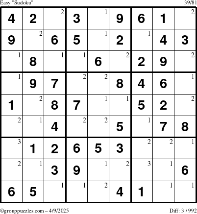 The grouppuzzles.com Easy Sudoku puzzle for Wednesday April 9, 2025 with the first 3 steps marked