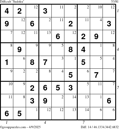 The grouppuzzles.com Difficult Sudoku puzzle for Wednesday April 9, 2025, suitable for printing, with all 14 steps marked