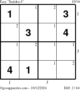 The grouppuzzles.com Easy Sudoku-4 puzzle for Saturday October 12, 2024 with all 2 steps marked