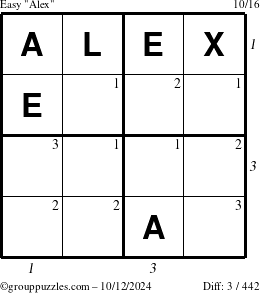 The grouppuzzles.com Easy Alex puzzle for Saturday October 12, 2024 with all 3 steps marked