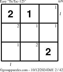 The grouppuzzles.com Easy TicTac-123 puzzle for Saturday October 12, 2024 with all 2 steps marked