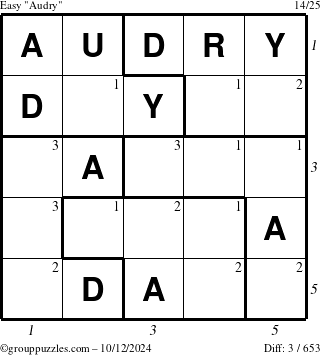 The grouppuzzles.com Easy Audry puzzle for Saturday October 12, 2024 with all 3 steps marked