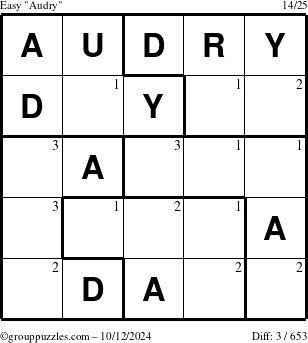 The grouppuzzles.com Easy Audry puzzle for Saturday October 12, 2024 with the first 3 steps marked