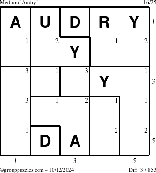 The grouppuzzles.com Medium Audry puzzle for Saturday October 12, 2024 with all 3 steps marked