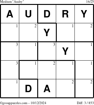 The grouppuzzles.com Medium Audry puzzle for Saturday October 12, 2024 with the first 3 steps marked