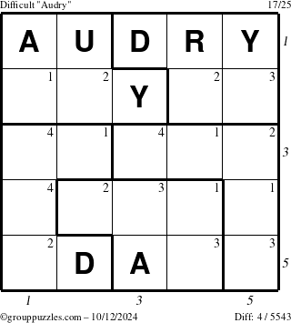 The grouppuzzles.com Difficult Audry puzzle for Saturday October 12, 2024, suitable for printing, with all 4 steps marked