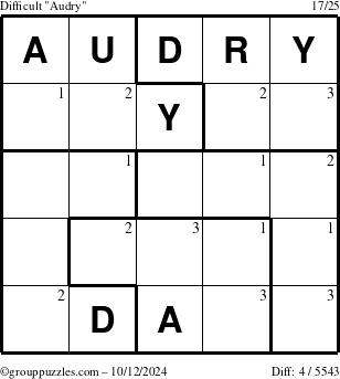 The grouppuzzles.com Difficult Audry puzzle for Saturday October 12, 2024 with the first 3 steps marked