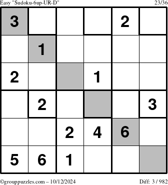 The grouppuzzles.com Easy Sudoku-6up-UR-D puzzle for Saturday October 12, 2024