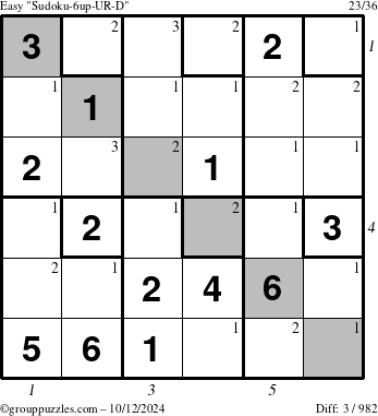 The grouppuzzles.com Easy Sudoku-6up-UR-D puzzle for Saturday October 12, 2024 with all 3 steps marked