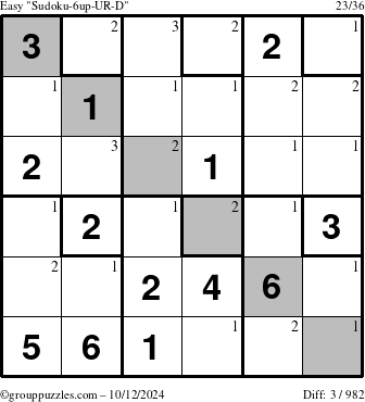 The grouppuzzles.com Easy Sudoku-6up-UR-D puzzle for Saturday October 12, 2024 with the first 3 steps marked