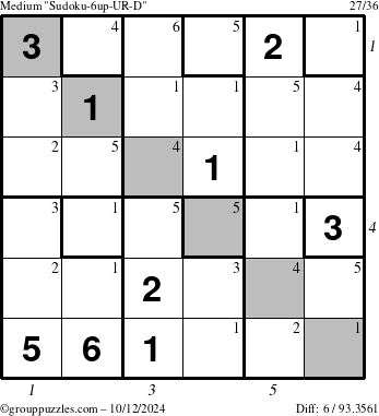 The grouppuzzles.com Medium Sudoku-6up-UR-D puzzle for Saturday October 12, 2024, suitable for printing, with all 6 steps marked