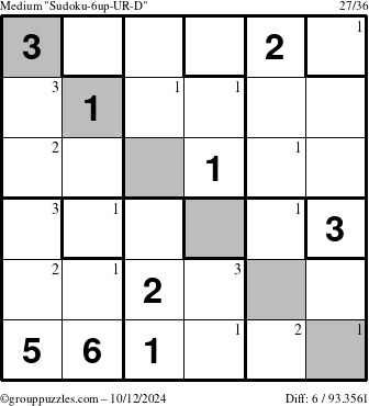 The grouppuzzles.com Medium Sudoku-6up-UR-D puzzle for Saturday October 12, 2024 with the first 3 steps marked