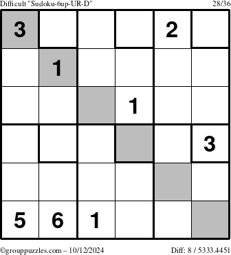 The grouppuzzles.com Difficult Sudoku-6up-UR-D puzzle for Saturday October 12, 2024