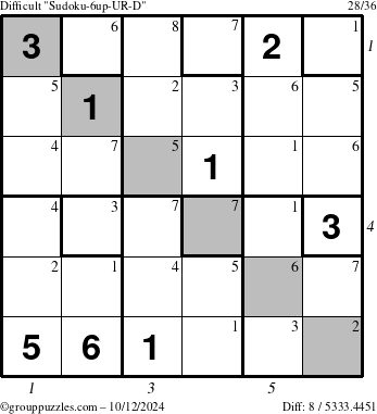 The grouppuzzles.com Difficult Sudoku-6up-UR-D puzzle for Saturday October 12, 2024, suitable for printing, with all 8 steps marked