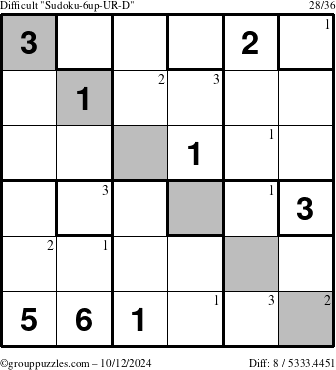 The grouppuzzles.com Difficult Sudoku-6up-UR-D puzzle for Saturday October 12, 2024 with the first 3 steps marked