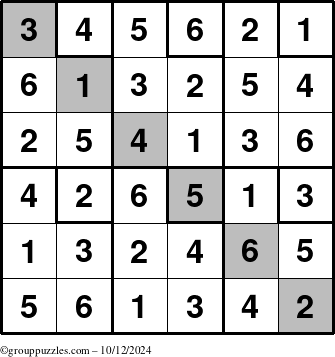 The grouppuzzles.com Answer grid for the Sudoku-6up-UR-D puzzle for Saturday October 12, 2024