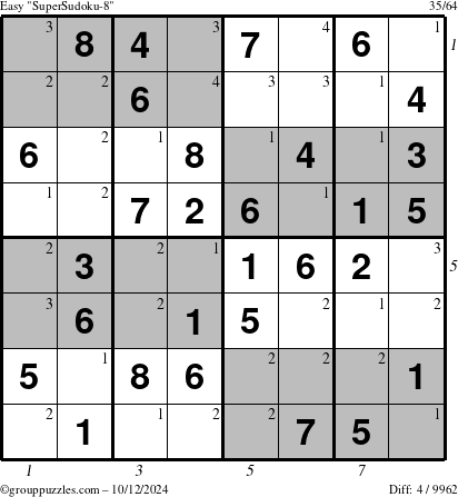 The grouppuzzles.com Easy SuperSudoku-8 puzzle for Saturday October 12, 2024 with all 4 steps marked