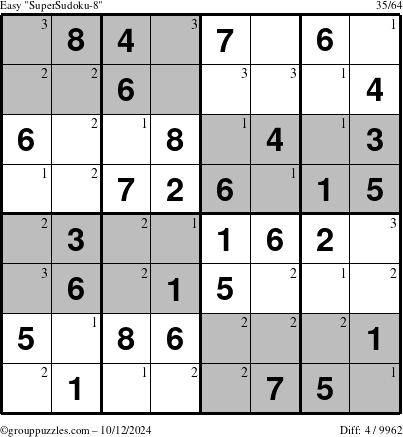 The grouppuzzles.com Easy SuperSudoku-8 puzzle for Saturday October 12, 2024 with the first 3 steps marked