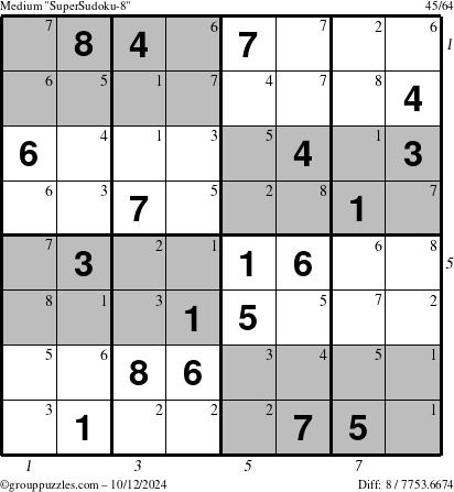 The grouppuzzles.com Medium SuperSudoku-8 puzzle for Saturday October 12, 2024 with all 8 steps marked