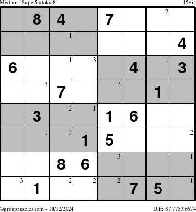 The grouppuzzles.com Medium SuperSudoku-8 puzzle for Saturday October 12, 2024 with the first 3 steps marked