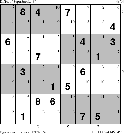 The grouppuzzles.com Difficult SuperSudoku-8 puzzle for Saturday October 12, 2024 with all 11 steps marked