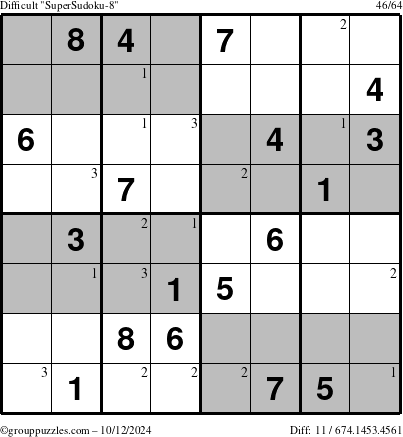 The grouppuzzles.com Difficult SuperSudoku-8 puzzle for Saturday October 12, 2024 with the first 3 steps marked