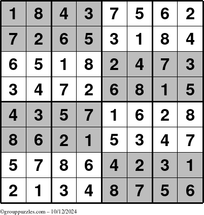 The grouppuzzles.com Answer grid for the SuperSudoku-8 puzzle for Saturday October 12, 2024