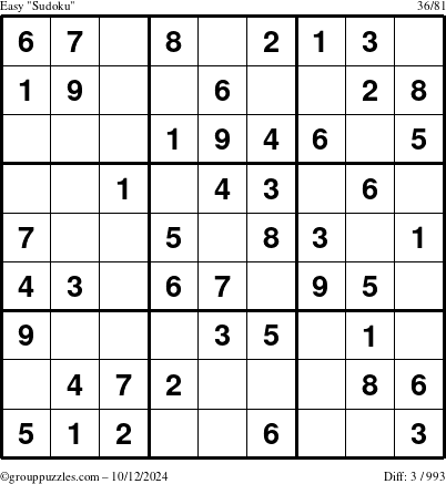 The grouppuzzles.com Easy Sudoku puzzle for Saturday October 12, 2024