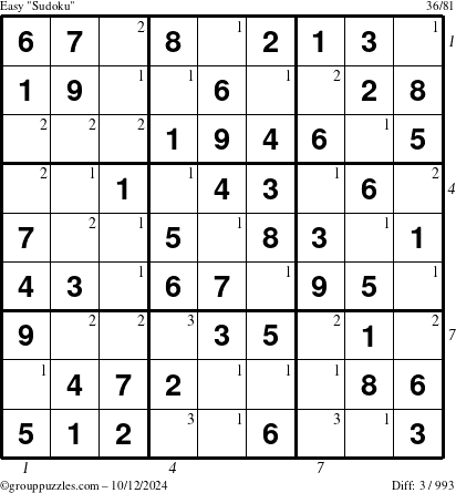 The grouppuzzles.com Easy Sudoku puzzle for Saturday October 12, 2024, suitable for printing, with all 3 steps marked