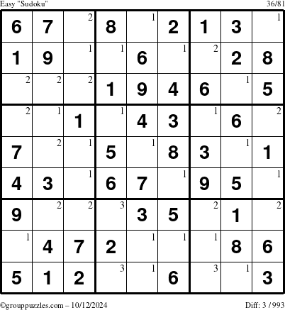 The grouppuzzles.com Easy Sudoku puzzle for Saturday October 12, 2024 with the first 3 steps marked