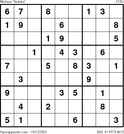 The grouppuzzles.com Medium Sudoku puzzle for Saturday October 12, 2024