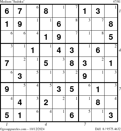 The grouppuzzles.com Medium Sudoku puzzle for Saturday October 12, 2024 with all 8 steps marked