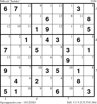 The grouppuzzles.com Difficult Sudoku puzzle for Saturday October 12, 2024 with all 13 steps marked