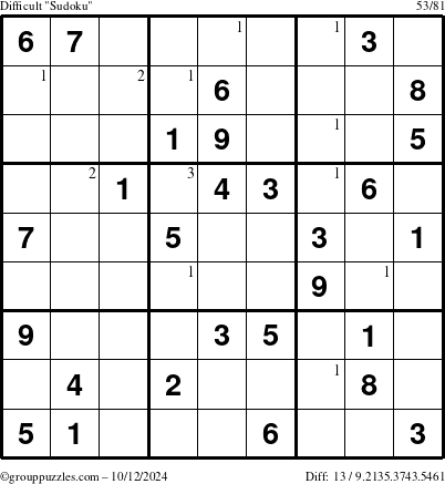 The grouppuzzles.com Difficult Sudoku puzzle for Saturday October 12, 2024 with the first 3 steps marked