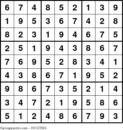 The grouppuzzles.com Answer grid for the Sudoku puzzle for Saturday October 12, 2024