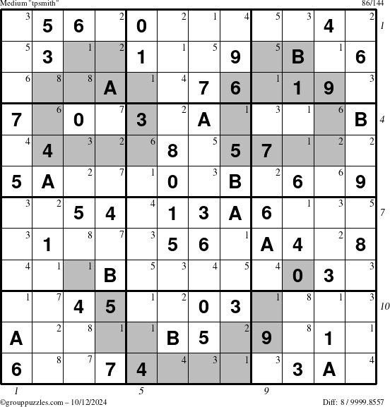 The grouppuzzles.com Medium tpsmith puzzle for Saturday October 12, 2024 with all 8 steps marked