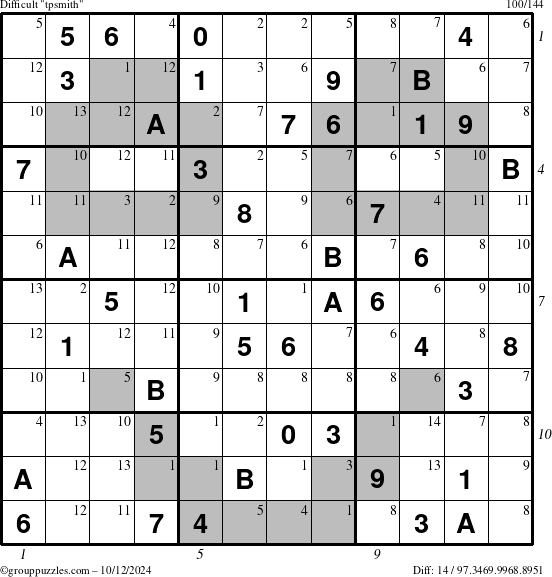 The grouppuzzles.com Difficult tpsmith puzzle for Saturday October 12, 2024 with all 14 steps marked