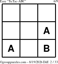 The grouppuzzles.com Easy TicTac-ABC puzzle for Wednesday August 19, 2026