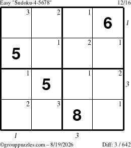 The grouppuzzles.com Easy Sudoku-4-5678 puzzle for Wednesday August 19, 2026 with all 3 steps marked
