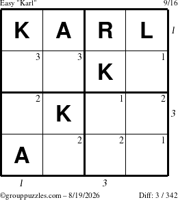 The grouppuzzles.com Easy Karl puzzle for Wednesday August 19, 2026, suitable for printing, with all 3 steps marked
