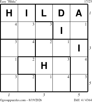 The grouppuzzles.com Easy Hilda puzzle for Wednesday August 19, 2026 with all 4 steps marked