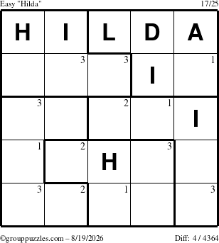 The grouppuzzles.com Easy Hilda puzzle for Wednesday August 19, 2026 with the first 3 steps marked