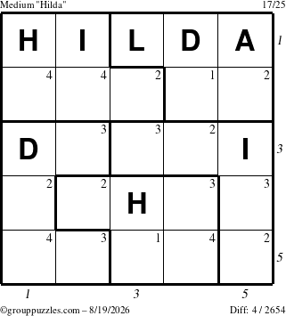 The grouppuzzles.com Medium Hilda puzzle for Wednesday August 19, 2026 with all 4 steps marked